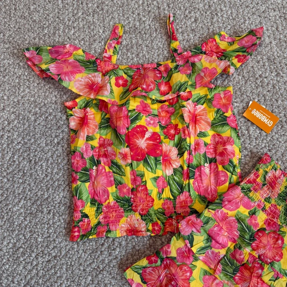 Gymboree Girls Yellow Hibiscus Floral Smocked Top and‎ Tiered Skirt Set Size 10